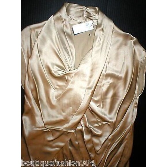 NWT $495 New Designer Josie Natori Womens S Silk Dress Champagne Gold Drape Cros - Picture 4 of 10